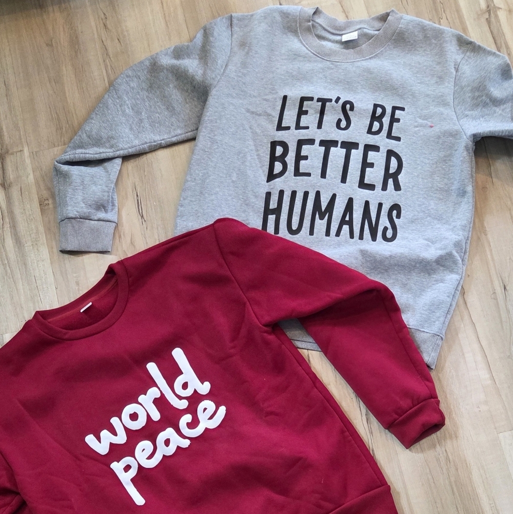 Gray "Let's Be Better Humans" Red "World Peace" Crewneck Sweatshirts